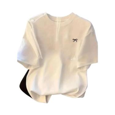 Imagem de Camiseta Feminina Branca E Preta Com Estampa De Laço, Gola Redonda, Ma