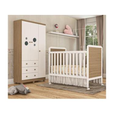 Imagem de Berço e Guarda Roupa Moveis Peroba Bolinha 03 portas MDF, Branco Carva