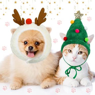 Imagem de Xuniea Chapéu de cachorro de Papai Noel verde fantasia de cachorro chapéu de Natal para gatos, rena e filhotes, chapéu ajustável para árvore de Natal, chapéu de alce, chifre de estimação, chapéu de ca