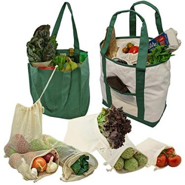 Imagem de Simple Ecology Farmers Market and Grocery Shopping Bolsa reutilizável orgânica para presente e conjuntos iniciais, Conjunto de 8 sacos de mercearia - Natural/Verde, X-Large