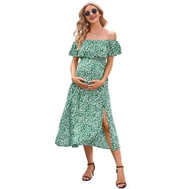 Imagem de Vestido de maternidade feminino, tomara que caia, tomara que caia, evasê, casual, maxi vestido fotográfico para chá de bebê, Verde floral, P