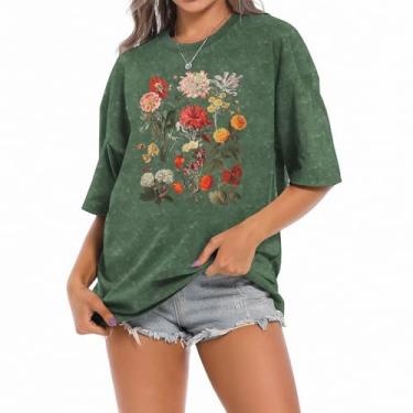 Imagem de Camiseta feminina vintage floral boho solta retrô flores silvestres gráfico jardim botânico amante tops, Verde, M