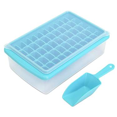 Imagem de CZWL&HG Bandeja de gelo com tampa e cesto | Mini bandeja de gelo de 55 pepitas | Moldes de cubo de gelo flexíveis e seguros vem com recipiente de gelo, colher e tampa (azul)