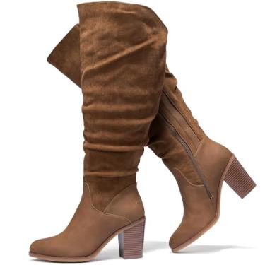 Imagem de Luoika Botas femininas extra largas na altura do joelho de cowgirl, cano alto, largo, cano alto, salto grosso, botas ocidentais plus size., Bege209, 10 X-Wide
