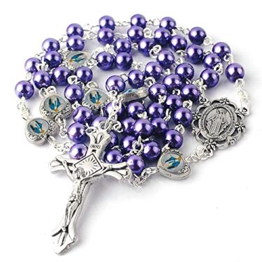 Imagem de HanlinCC Contas de pérolas de vidro com epóxi milagroso coração contas de metal rosário pacote em saco de presente de veludo com cartão de oração do terço, Vidro, Pérola