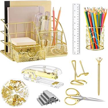 Imagem de KAAKOW Organizador de mesa dourado e acessórios de escritório, grampeador, suporte de caneta, suporte de telefone, tesoura, caneta, régua, 30 clipes de papel, 22 clipes de fichário, 20 tachinhas e