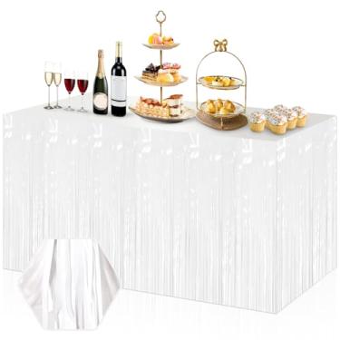 Imagem de Pacote com 3 saias de mesa com franja branca macaron de 73 x 272 cm, faixa metálica para decoração de festa de Halloween