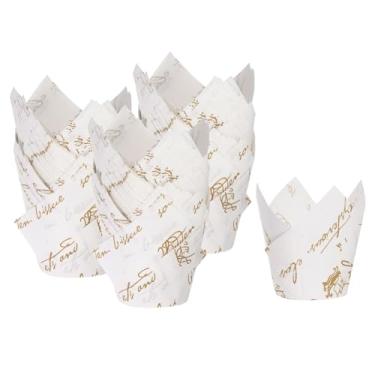 Imagem de HARFINGTON 150 peças de forros de cupcake de tulipa copos de papel padrão para assar embalagens à prova de gordura descartáveis para festa de banquetes de aniversário, branco com padrão dourado