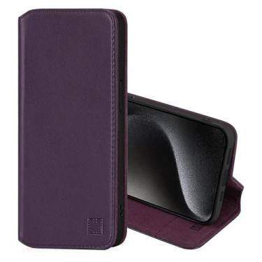 Imagem de 32nd Classic Series 2.0 - Capa flip carteira de couro real para Apple iPhone 15 Pro (6,1 polegadas), com compartimento para cartão de bloqueio RFID, fecho magnético e suporte embutido - berinjela