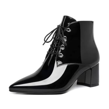 Imagem de Eldof Botina feminina gatinha de salto baixo 5,8 cm bico fino cadarço confortável botas de caminhada, Preto envernizado., 10