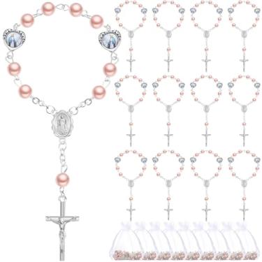 Imagem de Misdary 30 conjuntos de mini rosário de batismo com sacos de organza pérolas falsas de rosário de batismo para convidados dedo católico para batizado, casamentos, lembrancinhas de festa, presente de