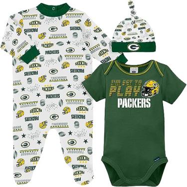 Imagem de NFL Pacote com 3 bodies para dormir e brincar da Green Bay Packers, conjunto de presente com petisco, azul e branco, Green Bay Packers, 0-3 meses