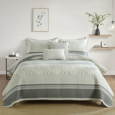 Imagem de Conjunto de colcha 100% algodão, tamanho Queen, conjunto de cama king patchwork, estampa botânica, floral, leve e listrado, edredom reversível, branco/cinza, todas as estações, 3 peças