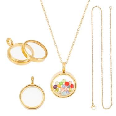 Imagem de UNICRAFTALE 2 conjuntos de pingentes de medalhão de memória banhados a ouro 18 K com colar de 45 cm de aço inoxidável, pingentes de medalhão flutuantes de 15 mm com moldura de foto de vidro de 15 mm