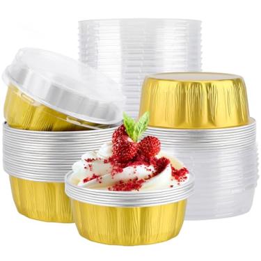 Imagem de EUSOAR Ramequins descartáveis, 25 peças de copos creme brulee dourados de 255 g, forros de cupcake para férias, formas de alumínio com tampas, padaria, pão, torta, torta, brownie, suportes redondos