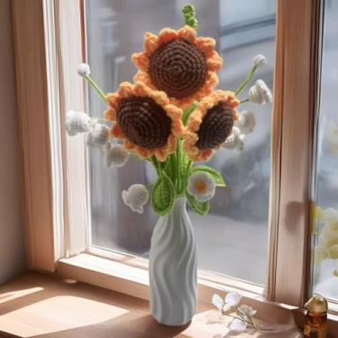 Imagem de Lioying Buquê de flores de crochê, buquê de girassol de crochê feito à mão com papel de embrulho, decoração de casa, floral artificial, girassol falso, presente para namorada, mãe e amiga