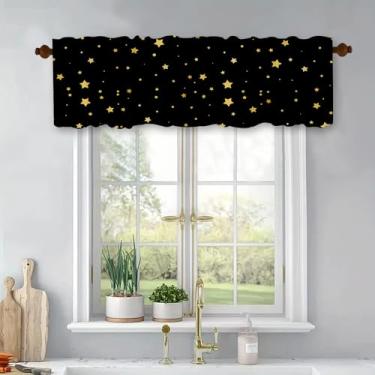 Imagem de Estrelas amarelas na sanefa de janela preta para sala de estar, banheiro, quarto, filtro de luz, saia curta de cozinha, com bolso para varão, cortina de decoração de janela, 137 x 45,7 cm, poliéster