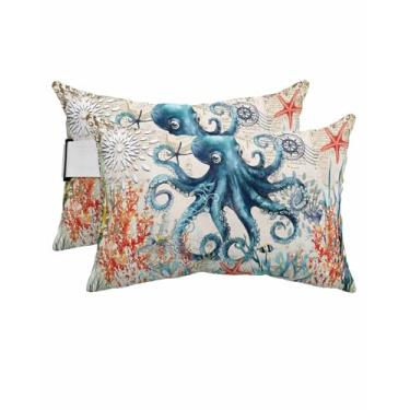 Imagem de Almofada de cabeça reclinável, concha de polvo oceano, com letras vintage, para uso ao ar livre, com enchimento, almofadas reclináveis à prova d'água, espreguiçadeira, almofada lombar para praia