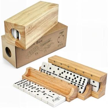 Imagem de Unique | Dominos Set for Adults 4 Wooden Racks/Trays | Double 6 Dominoes Portable Travel Set | Double Six Dominoes Set 4 Tiles Holders | 28 Tiles Dominos Set for Family Games | Solid Natural Wood