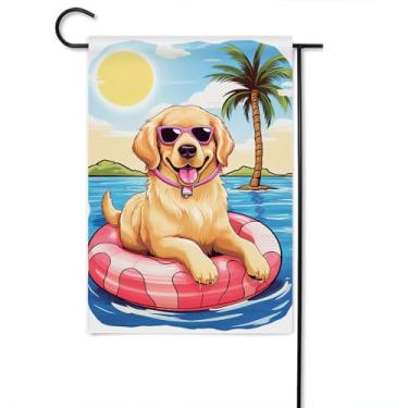 Imagem de Gkyygk Golden Retriever Banners de boas-vindas para cães bandeira de jardim dupla face 30 x 45 centímetros praia sol palmeira casa de fazenda decorações externas bandeira de jarda de serapilheira