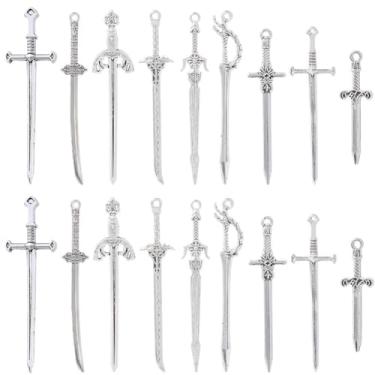 Imagem de SUNNYCLUE 1 caixa, 40 peças, 10 estilos, berloques de espada, pingente de faca de prata, marcador de livro de liga de metal antigo europeu, pingentes de arma longa para fazer joias, achados, colar