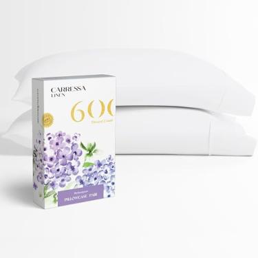 Imagem de Carressa Linen Conjunto de lençóis de cama 100% algodão 600 fios (branco, 2 peças Queen)