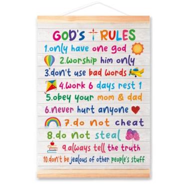 Imagem de Quadro de cabide de pôster infantil cristão para decoração de sala de aula Nuresy, decoração de parede, arte de parede em tela Gods Rules, impressão de pôster 40,6 x 30,48 cm