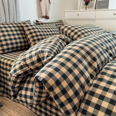 Imagem de PinkMemory Conjunto de capa de edredom verde guingão king 100% algodão lavado bege xadrez capa de edredom xadrez 3 peças conjunto de cama guingão moderno com fecho de zíper ultramacio respirável