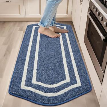 Imagem de COSY HOMEER Tapetes de cozinha longos para na frente da pia tapetes e tapetes de cozinha super absorventes 24" x 59" Tapete de cozinha antiderrapante lavável, polipropileno, azul, moldura