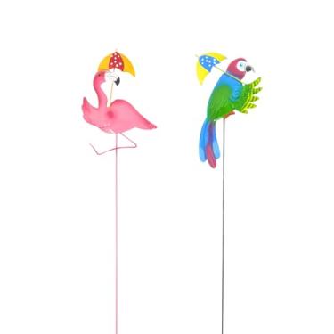 Imagem de Estacas de jardim de metal de arara e flamingo – Conjunto de 2 decorações coloridas de jardim de pássaros tropicais – Enfeites de gramado ao ar livre duráveis vibrantes para canteiros de flores