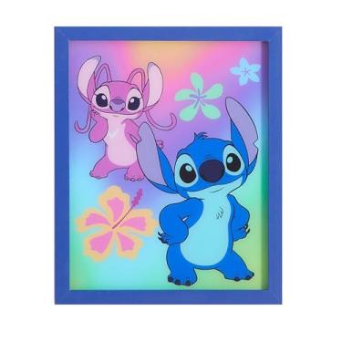Imagem de Disney Stitch & Angel Arte de parede LED, decoração colorida de quarto infantil, impressão de desenho animado Lilo & Stitch, arte emoldurada arco-íris para quarto, berçário ou sala de jogos, 24 x 29