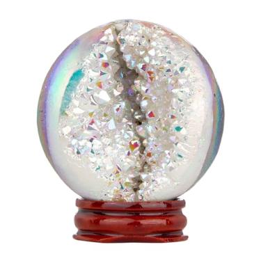 Imagem de Rockcloud Esfera de cristal de quartzo AB branca revestida de titânio com suporte de madeira, esfera geodo de cristal de rocha natural para decoração de casa de adivinhação, 51-60 mm