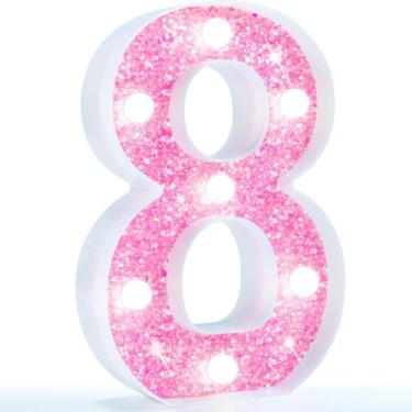 Imagem de Luz LED de bateria Pooqla Marquee Number 8 Pink Glitter