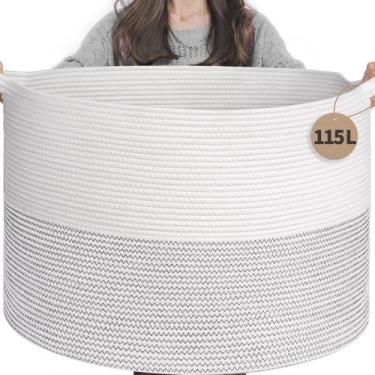 Imagem de Cesto de roupa suja INDRESSME 115L de corda de algodão Black Stitch