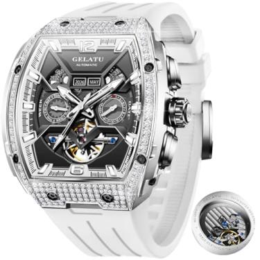 Imagem de OLEVS GELATU Relógio masculino automático Tonneau relógio esqueleto mecânico 50 m à prova d'água cristal safira quadrado masculino relógios branco/preto/ouro rosa, relógios prateados automáticos