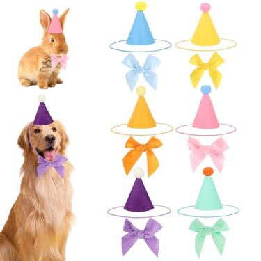 Imagem de 6 Mini Chapéus de Festa para Bichos Pelúcia, Chapéus Cone Feltro Gravatas Borboleta Cordões Elásticos para Bonecas Cães Gatos Coelhos e Filhotes Decoração Comemoração Aniversário (Multicolorido)