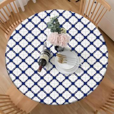 Imagem de COKCOKR Toalha de mesa redonda de tecido de poliéster, toalha de mesa com padrão de diamante geométrico, toalhas de mesa azuis e pretas douradas, lavável para cozinha, jantar, festa ao ar livre