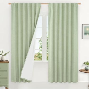 Imagem de LAMIT Cortinas de linho 100% blackout, cortinas térmicas texturizadas de linho para quarto de 203 cm, painéis neutros com forro branco para fazenda, 2 painéis, 132 x 203 cm, verde claro