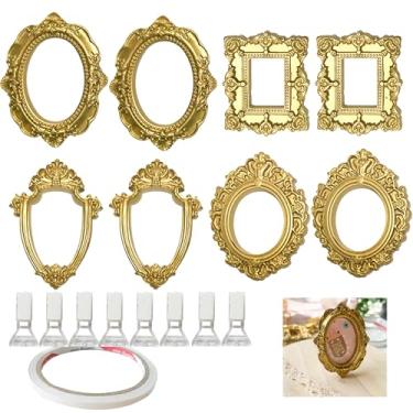 Imagem de XLANMAY 8 conjuntos de mini molduras douradas – quadro vintage de resina faça você mesmo, pequenas molduras para exibição com fita dupla face e 8 peças de porta-retrato de resina para decoração