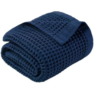 Imagem de DEMMEX Toalha de banho e praia waffle de algodão turco orgânico, 175 x 71 cm – Toalha turca fina e leve de secagem rápida, 100% algodão de qualidade de spa super macio (azul marinho)