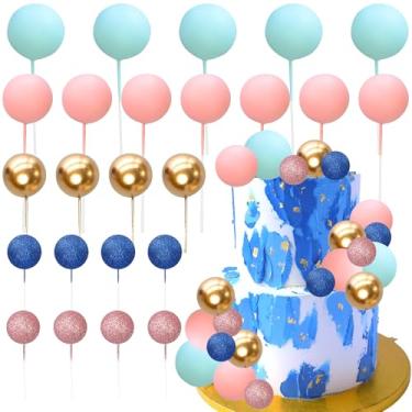 Imagem de Gyufise 50 peças de topo de bolo de bola, mini balões, decoração de bolo, bolas de espuma, topos de bolo para revelação de gênero, chá de bebê, artigos de festa de aniversário, azul, rosa