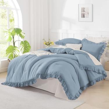 Imagem de Andency Jogo de cama King extragrande, 128 x 120, 3 peças, azul acinzentado, com babados, chique, conjunto de cama para mulheres, leve, fofo, super king, plus size