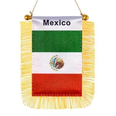 Imagem de JBSJBS Bandeira pendurada do México mini bandeiras de janela de carro mexicano pequenas bandeiras de espelho retrovisor decoração bandeiras do México com ventosa franjas douradas dupla face 7,6 x 12,7