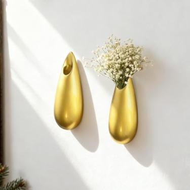 Imagem de DOCFLVAS Vaso de cerâmica escultural de parede — Pacote com 2 vasos de arandela dourados | Transforme flores em arte — Arandela decorativa de cerâmica para exibição de haste única