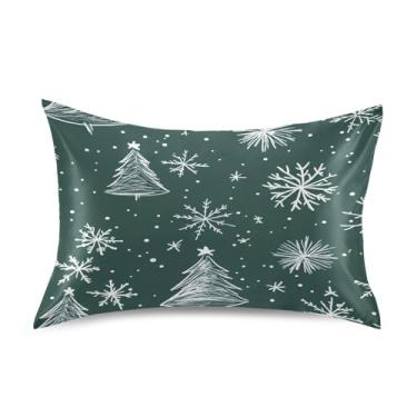 Imagem de Fronha de almofada de seda para pele e cabelo extra macia, resistente a rugas e desbotamento com fecho de envelope (tamanho padrão, 66 x 50 cm) | Árvore de Natal branca