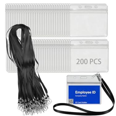 Imagem de HOIGON Pacote com 200 cordões de crachá horizontais transparentes com suporte de identificação para escritório, atividades de equipe, ocasiões de negócios (preto)