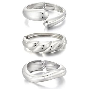 Imagem de ZOVOLI 3 peças de pulseiras grossas douradas prateadas para mulheres, conjunto de pulseiras grandes empilháveis, braço, punho, joias modernas, acessórios para presentes, One Size Fits Most, Liga