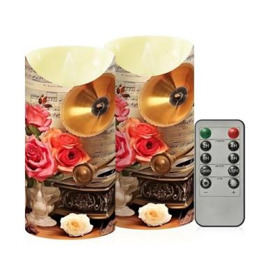 Imagem de Wassud Velas vintage de gramofone e rosas sem chama com controle remoto, velas realistas cintilantes com temporizador, velas decorativas para Natal, casamento, festa, decoração de casa média