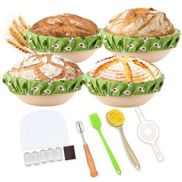 Imagem de Conjunto de cesta para presente, 4 peças de pão Banneton redondo de 23 cm, cesta Banneton à prova de pão, kit inicial de massa fermentada, suprimentos para assar pão de fermento (estilo abacate)