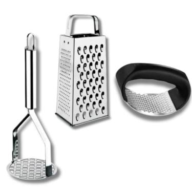 Imagem de Kit 5 Peças Inox Cozinha | Amassador Batata e Alho, Descascador, Espremedor Limão e Ralador 4 Faces(KIT 3 PEÇAS ALHO)